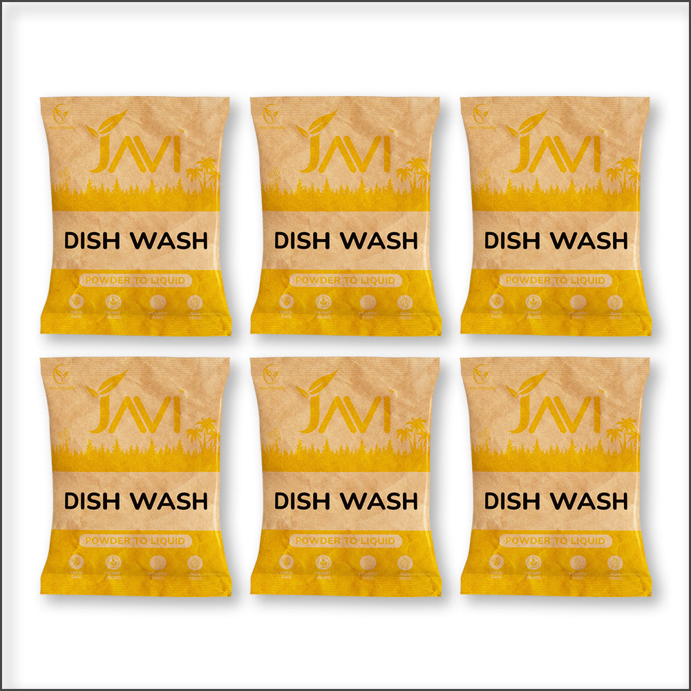 JAVI Dish Wash Powder to Liquid Refill Pack (6 Sachet = 3 Ltr) | Natural, Plant Based, Non Toxic & Eco-Friendly | Remove tough grease, soft on hands | Baby Safe & Pet safe | Crockery wash