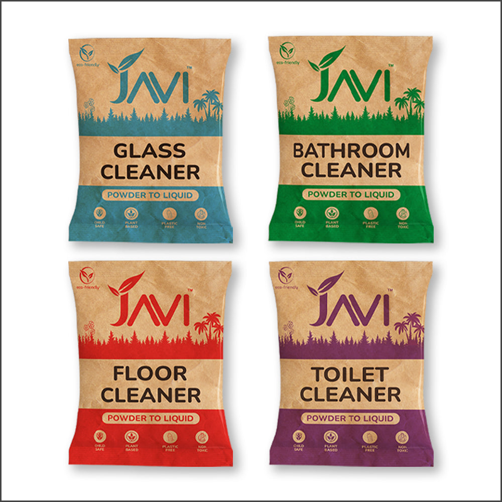 JAVI Plant-Based Powder-to-Liquid Cleaners | Natural, Organic, Biodegradable, Eco-Friendly | 4 in1 Combo (Makes 2 Liter-Floor, Bathroom, Toilet, Glass) (1 Sachet = 500ml)