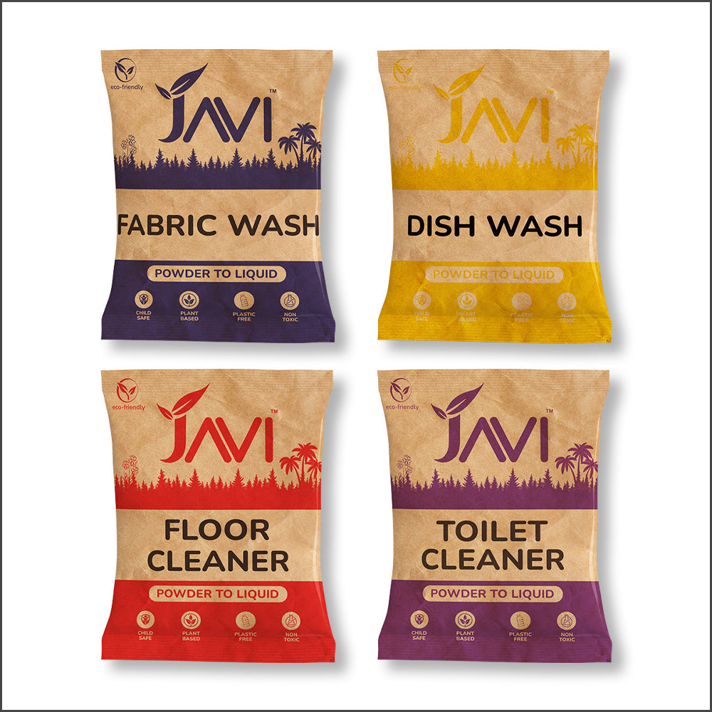 JAVI Plant-Based Powder-to-Liquid Cleaners | Natural, Organic, Biodegradable, Eco-Friendly | 4 in1 Combo (Makes 2 Litre - Floor, Toilet, Dish, Fabric) (1 Sachet = 500ml)